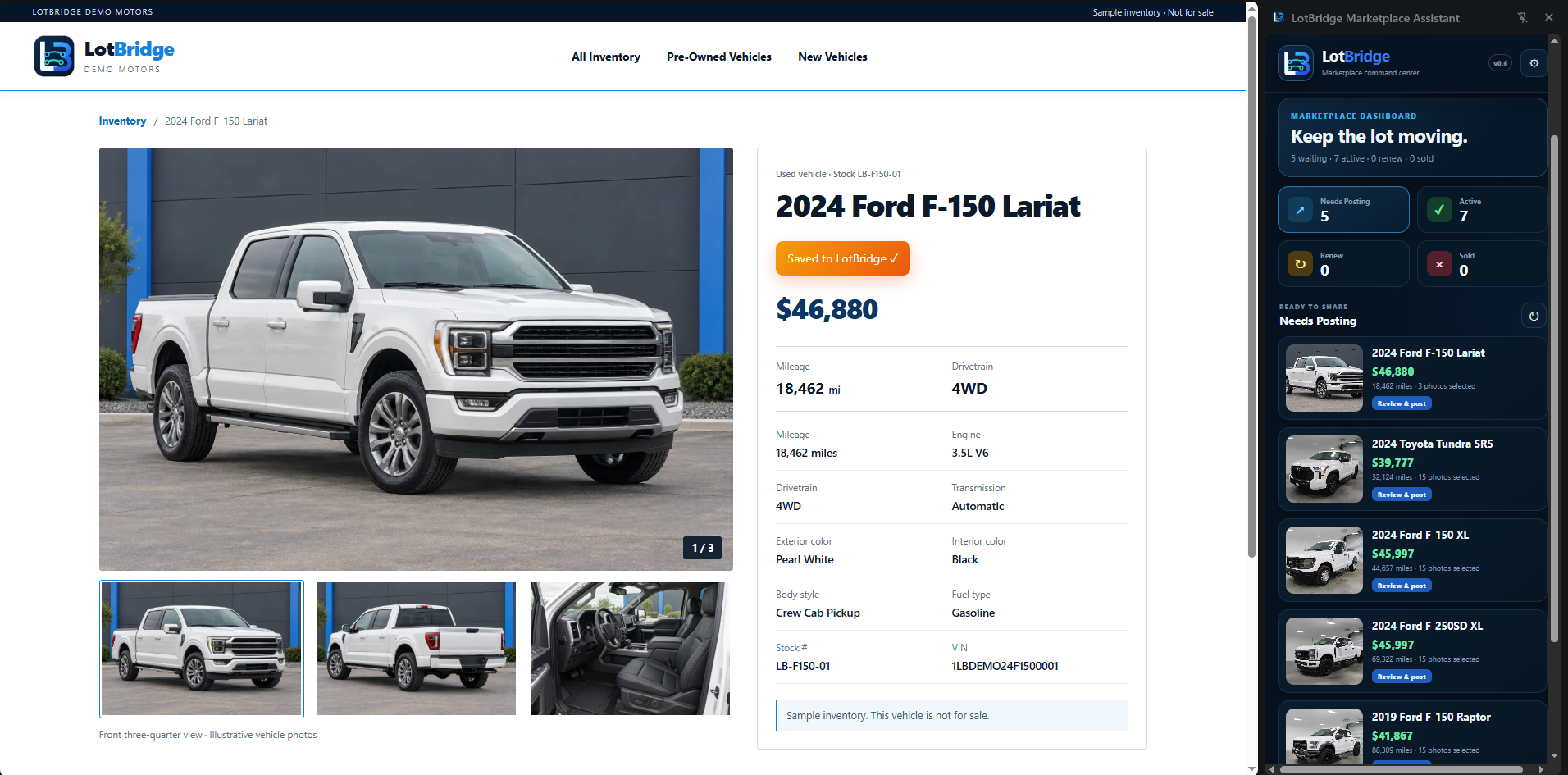 LotBridge v0.6 alongside a sample Ford F-150 inventory page, showing the Needs Posting, Active, Renew, and Sold dashboard and saved vehicle queue.